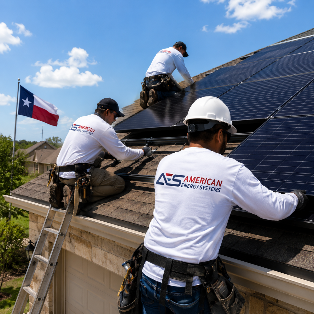 AES American Energy Systems Residential Solar Installation in Texas Solar installers from AES American Energy Systems installing rooftop solar panels on a Texas home under a bright blue sky, with workers wearing branded company shirts, safety harnesses, and tools while mounting solar panels on t