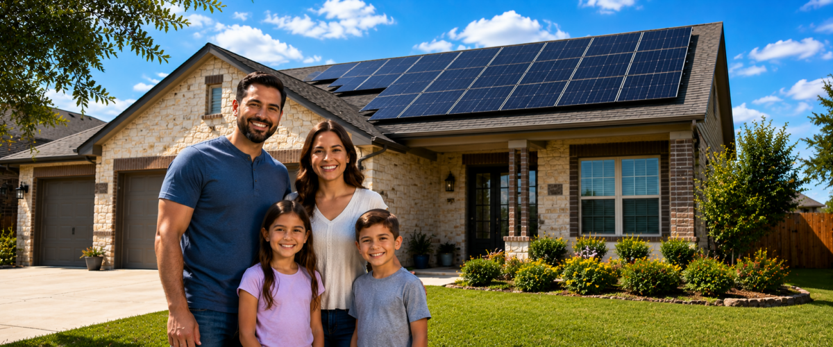 AES American Energy Systems Residential Solar Home Happy family of four standing in front of their modern home with rooftop solar panels, smiling outdoors on a sunny day with a landscaped lawn and energy-efficient suburban house in the background.