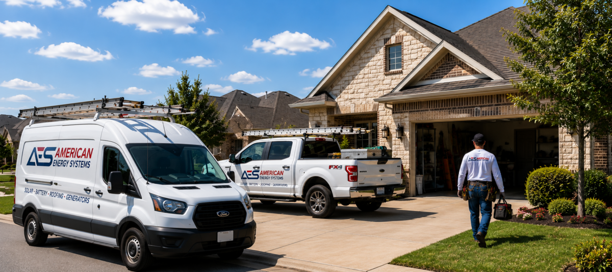 AES American Energy Systems Residential Service Team AES American Energy Systems service van and truck parked outside a suburban home while a solar installer walks toward the house carrying tools on a sunny day in a residential neighborhood.