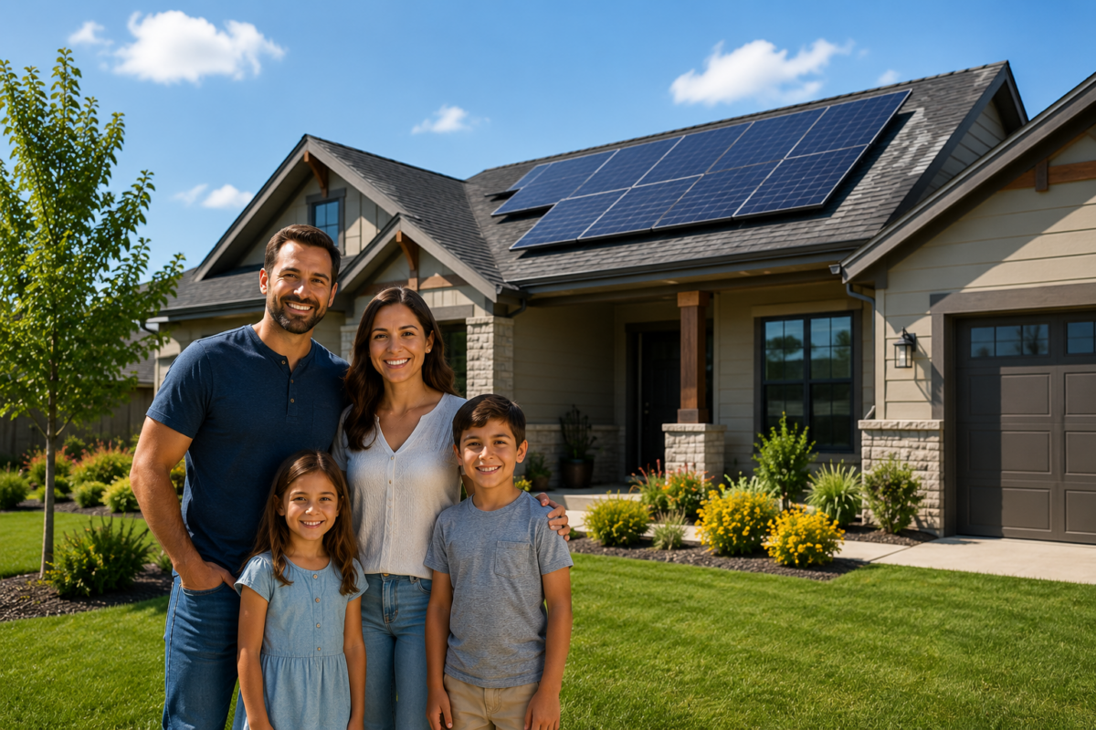 AES American Energy Systems Residential Solar Home Happy family of four standing in front of their modern home with rooftop solar panels on a sunny day, surrounded by a landscaped yard and green lawn in a suburban neighborhood.