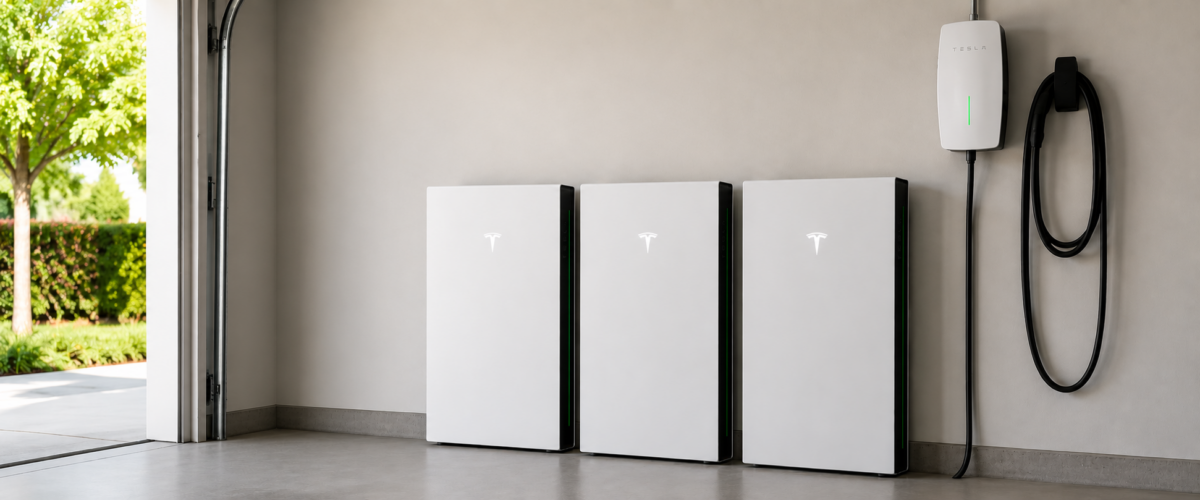 Tesla Powerwall Home Battery Storage | Residential Backup Power Modern garage interior with three Tesla Powerwall home battery storage systems and an EV charger mounted on the wall beside an open garage door.