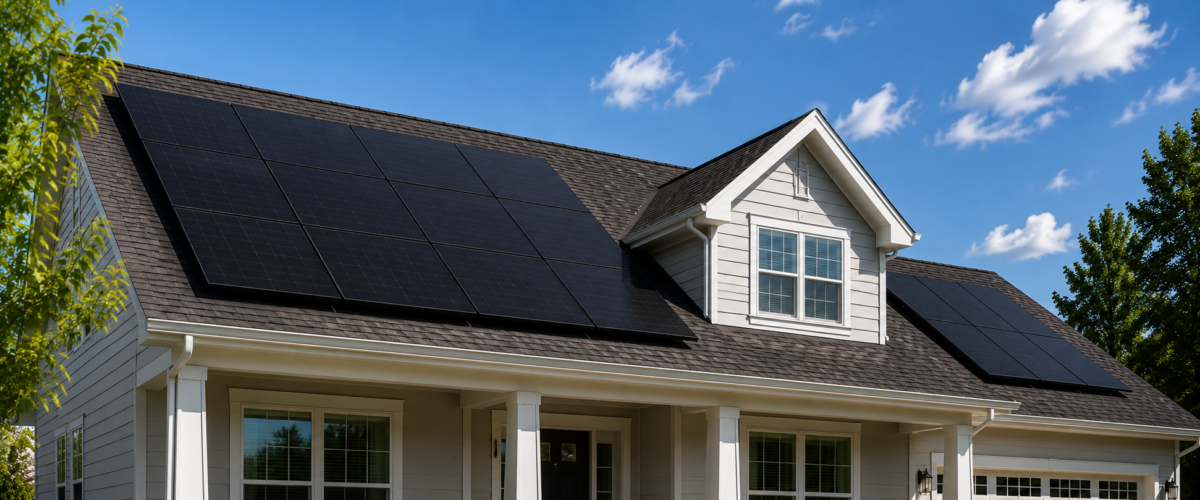 Residential Rooftop Solar Panels | Modern Home Solar Installation Modern residential home with rooftop solar panels under a bright blue sky, featuring dark shingles, clean white trim, and a landscaped suburban yard.