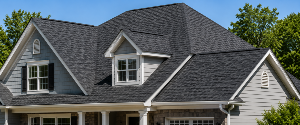 Residential Asphalt Shingle Roof Installation | Modern Home Roofing Close-up view of a newly installed residential roofing system with dark architectural shingles on a modern suburban home exterior.