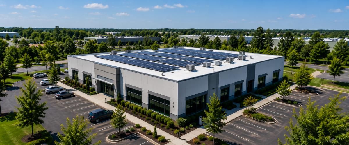 Commercial Rooftop Solar Installation | Business Solar Energy System Contemporary commercial office building with rooftop solar panels viewed from above, surrounded by parking areas, trees, and a business park environment.